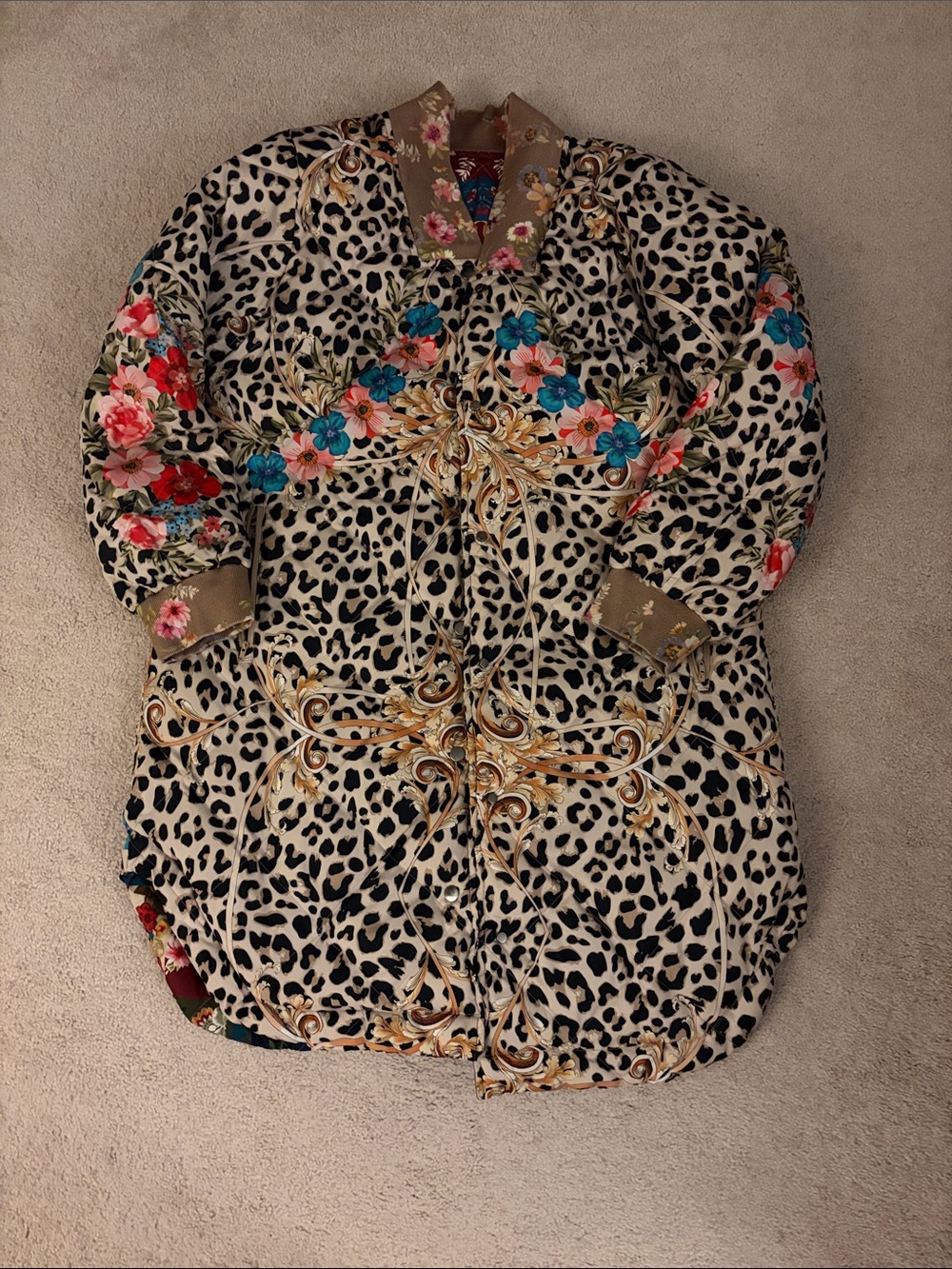 Johnny Was Beige Leopard Quilted Coat reversible floral print on other side